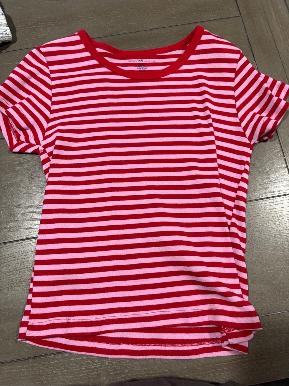 Brandy Melville Red & Pink Striped Short Sleeve Tee